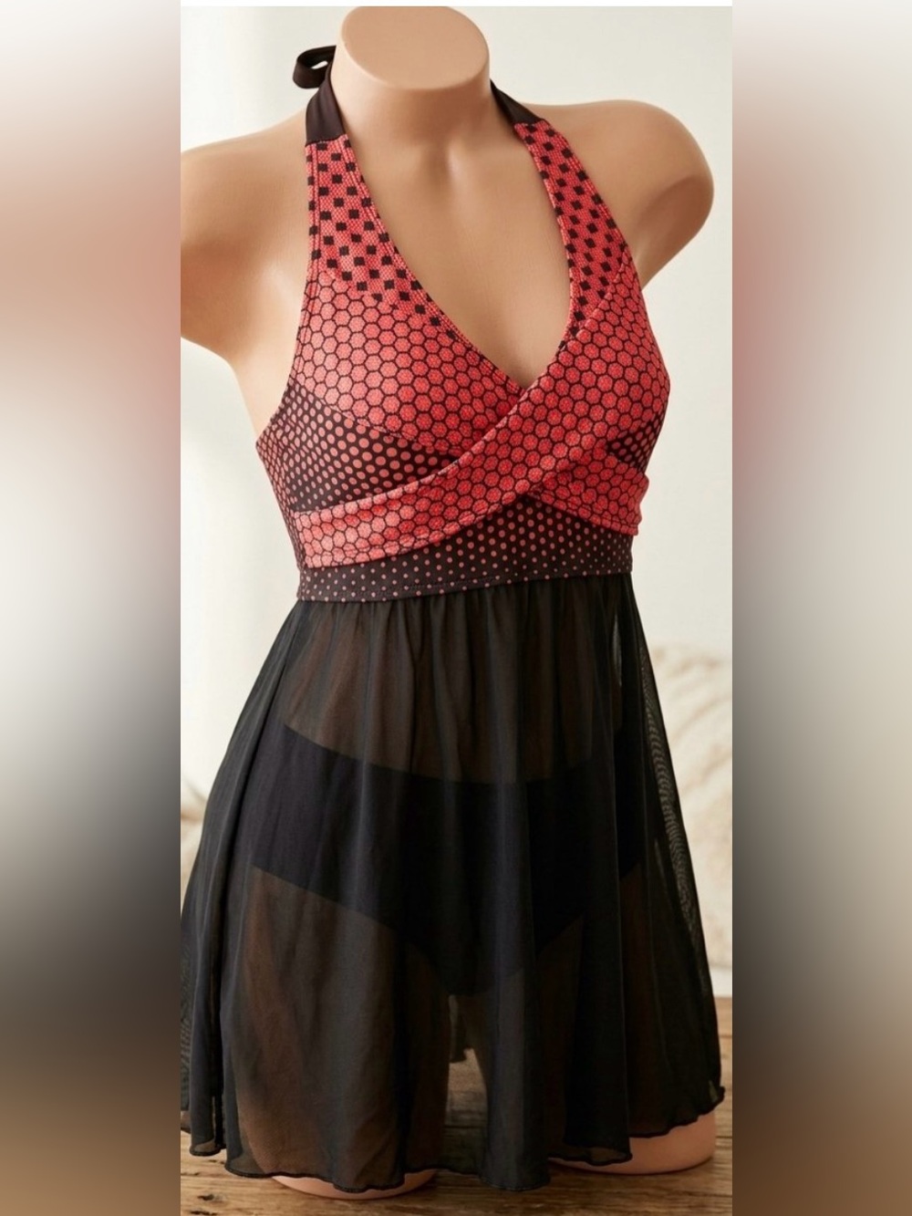 Vintage Pink & Black Mesh Halter Lingerie Babydoll Slip Size L